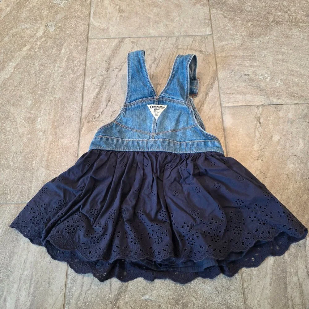 OshKosh Bgosh Girl 2T Eyelet Overall Jumper Dress Skirtall Denim Blue Jean